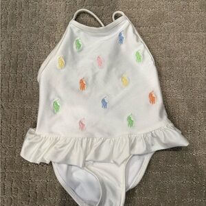New Without Tags White Ruffled Ralph Lauren Swimsuit with Multicolor Embroidery